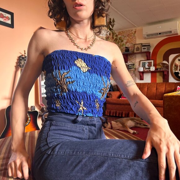 1990s Caribbean Sun ruched starfish ocean print tube top! - Picture 7 of 12